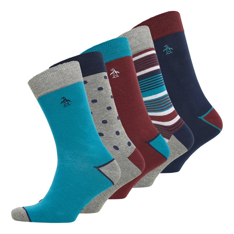 Original Penguin Mens Five Pack Socks Stripe/Spot/Teal/Burgundy/Grey/Multi