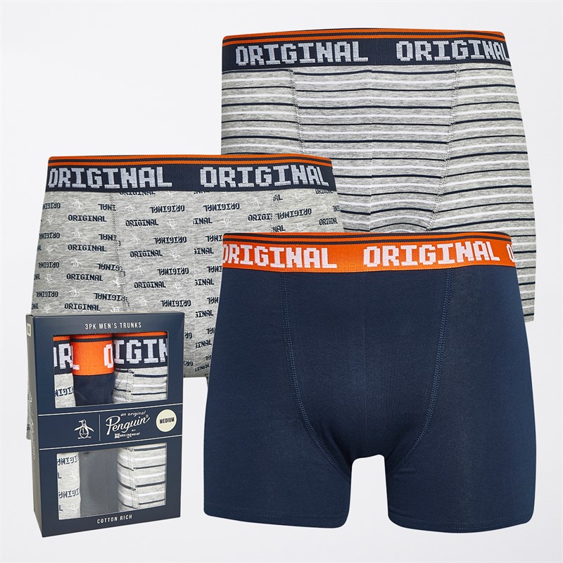 Original Penguin Mens Three Pack Trunks Geo Original/AOP/Grey/Navy/Orange