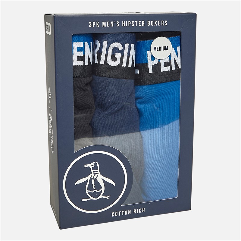 Original Penguin Mens Three Pack Hipster Boxers Original Waistband/Black/Blue