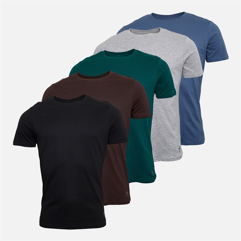 Original Penguin Mens Five Pack T-Shirts Vintage Blue/Brown/Black/Dark Green/Light Grey Marl