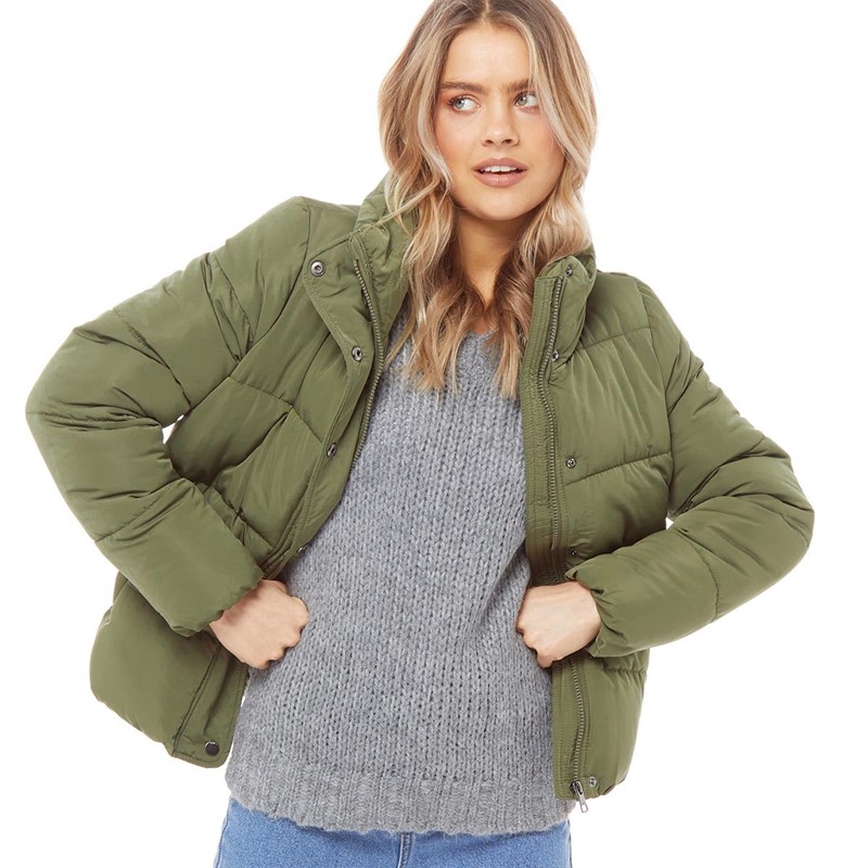 Khaki puffer cheap coat womens