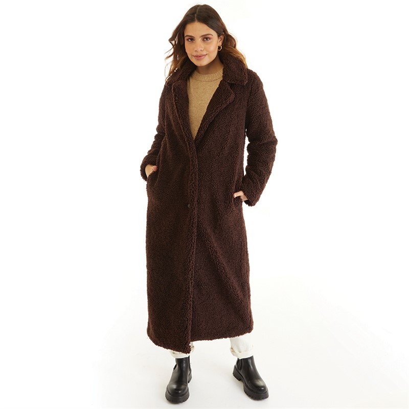 Only Womens Britt Teddy Long Coat Hot Fudge