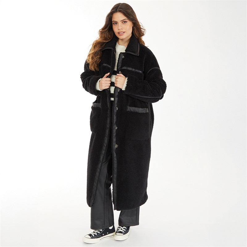 Only Womens Longline Faux Shearling Coat Black