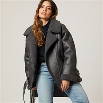 Only Womens Faux Leather Aviator Jacket Charcoal