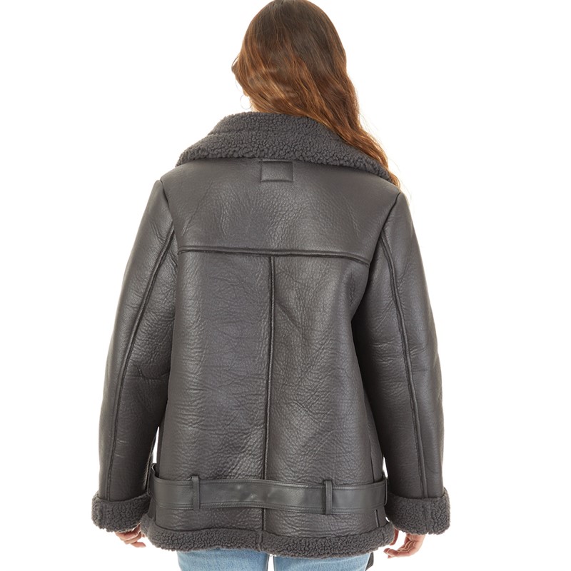 Only Womens Faux Leather Aviator Jacket Charcoal