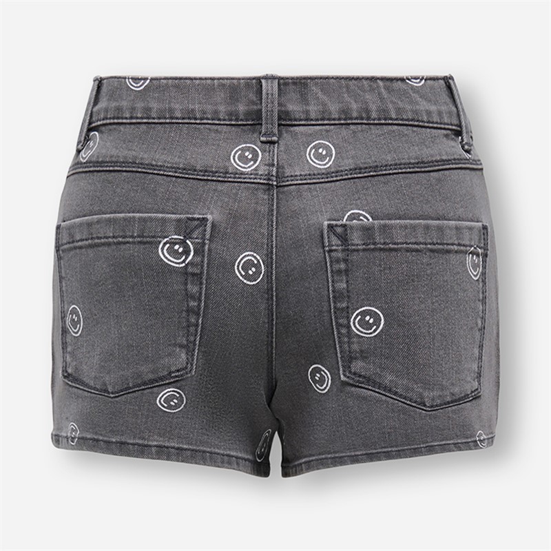 Only Girls Blair Print Denim Shorts Light Grey Denim