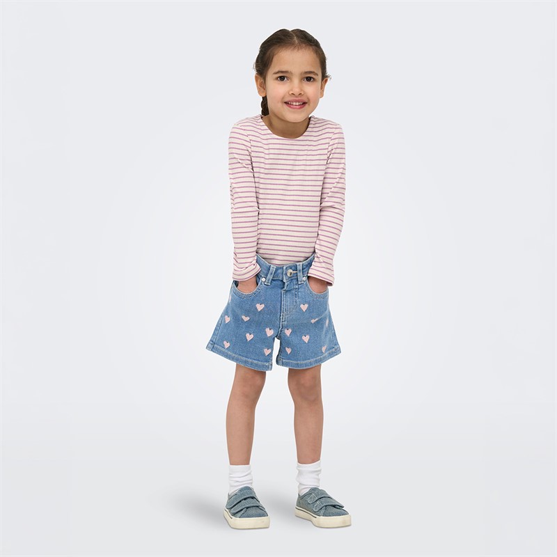 Only Girls Mini Juicy Heart Denim Shorts Light Medium Blue Denim