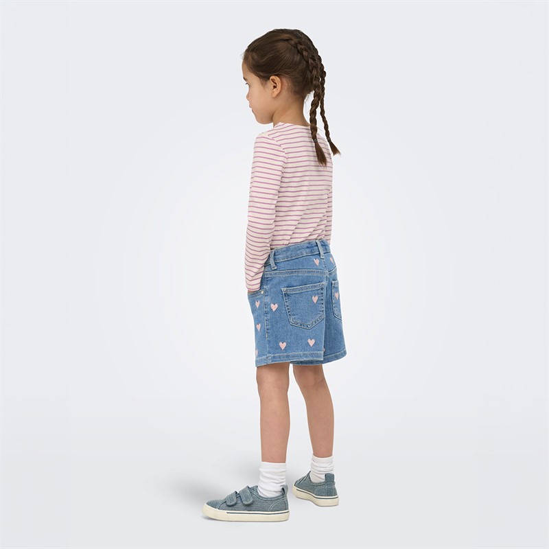 Only Girls Mini Juicy Heart Denim Shorts Light Medium Blue Denim