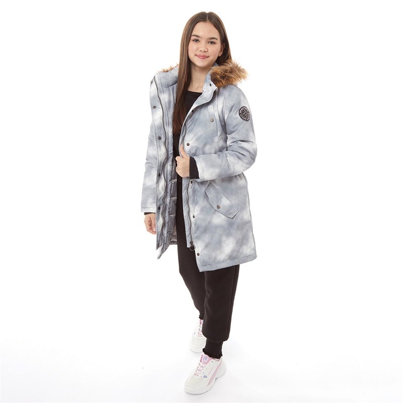 Pindydoll Girls Faith Print Micro Parka Jacket Grey Tie Dye Print
