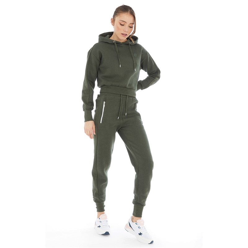 Pindydoll Womens Oleana Two Piece Cropped Hoodie And Joggers Set Khaki