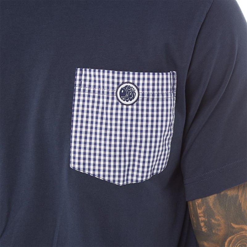 Pretty Green Mens Gingham Pocket T-Shirt Navy
