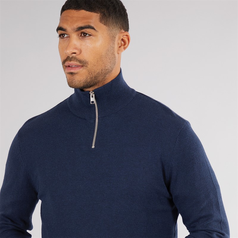 PRODUKT Herren Basic Strick Hoher Kragen Reißverschluss Pullover Marineblau