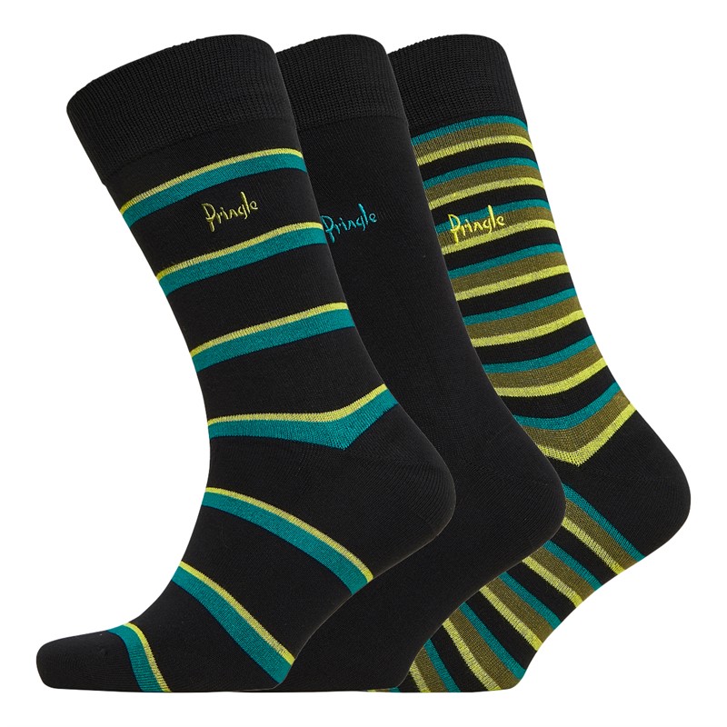 Pringle Mens Three Pack Jacquard Bamboo Socks Black/Teal/Yellow Stripes