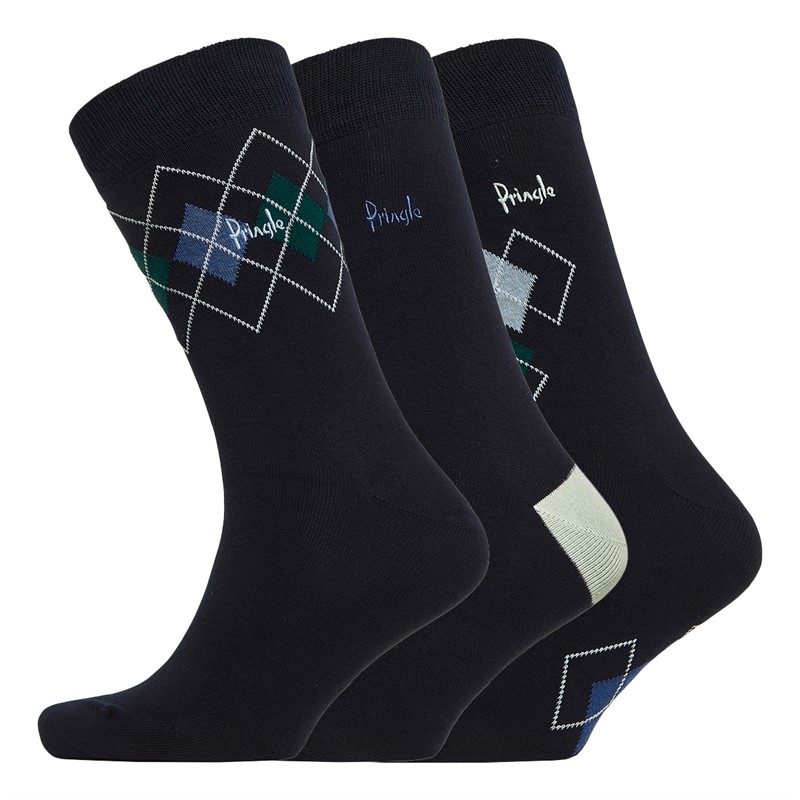 Pringle Mens Three Pack Jacquard Socks Navy/Blue/Green Argyle