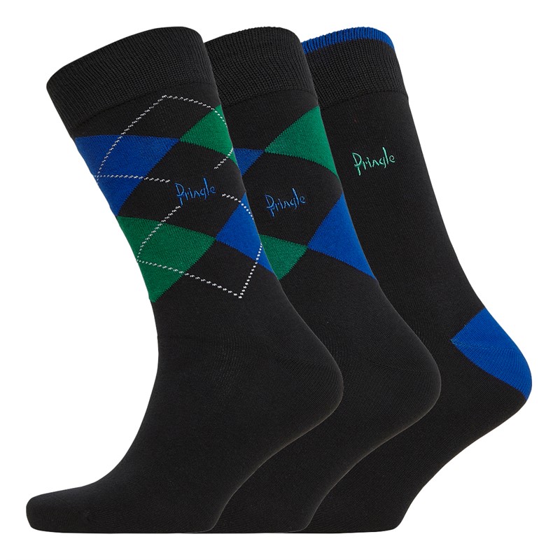 Pringle Mens Three Pack Argyle Socks Black/Blue/Green Argyle