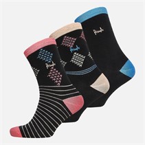 Pringle Womens Three Pack Jacquard Socks Black Diamond And Stripe