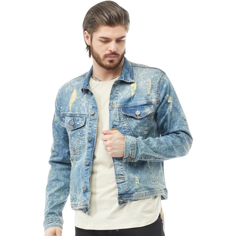 mens light wash distressed denim jacket