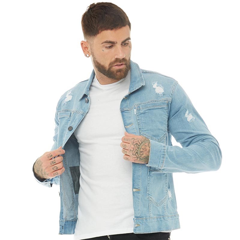 mens light wash distressed denim jacket