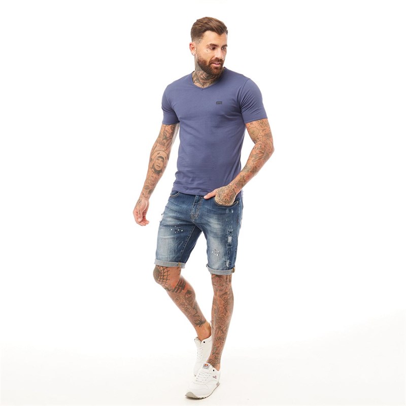 883 Police Mens Gain V-Neck Basic T-Shirt Mid Blue