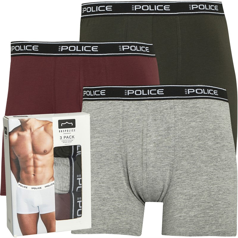 883 Police Mens Burks Three Pack Boxers Mid Grey/Burgundy/Khaki