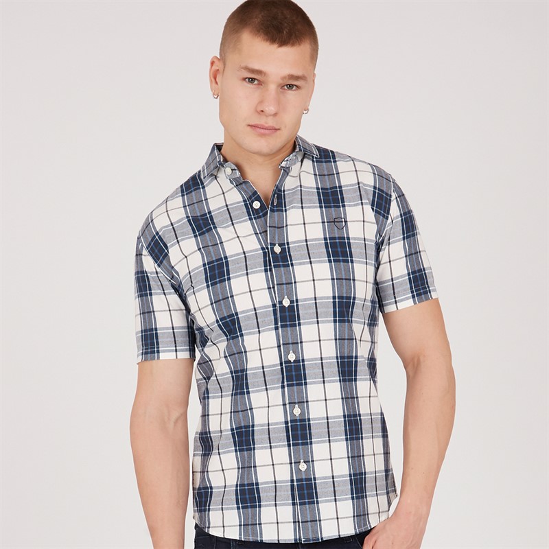 883 Police Mens Kyloe Short Sleeve Shirt Navy/Beige Check - Size S