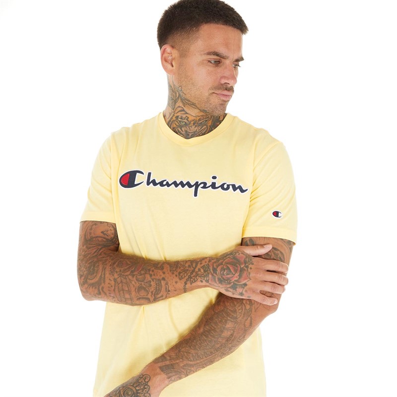 Buy Champion Mens Rochester Script Logo Crew Neck T-Shirt Yellow