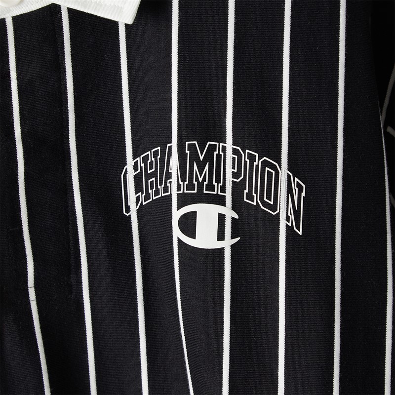 Champion Mens State Of Play Varsity Logo Striped Long Sleeve Polo Shirt Black/White