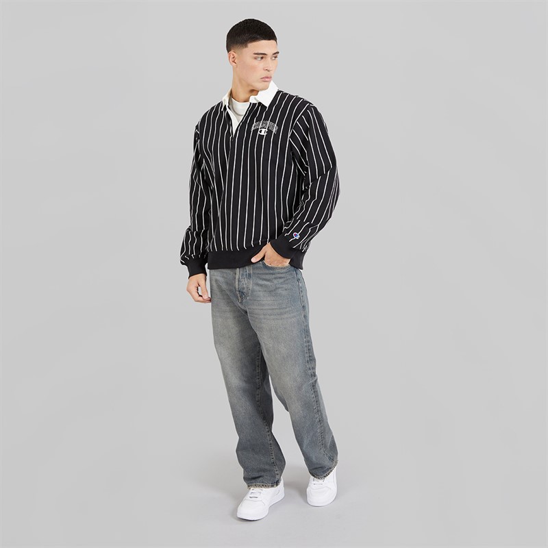 Champion Mens State Of Play Varsity Logo Striped Long Sleeve Polo Shirt Black/White