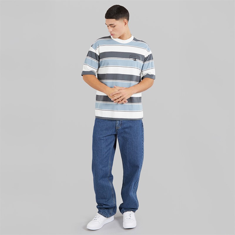 Champion Mens State Of Play Logo Striped T-Shirt White/Grey/Light Blue