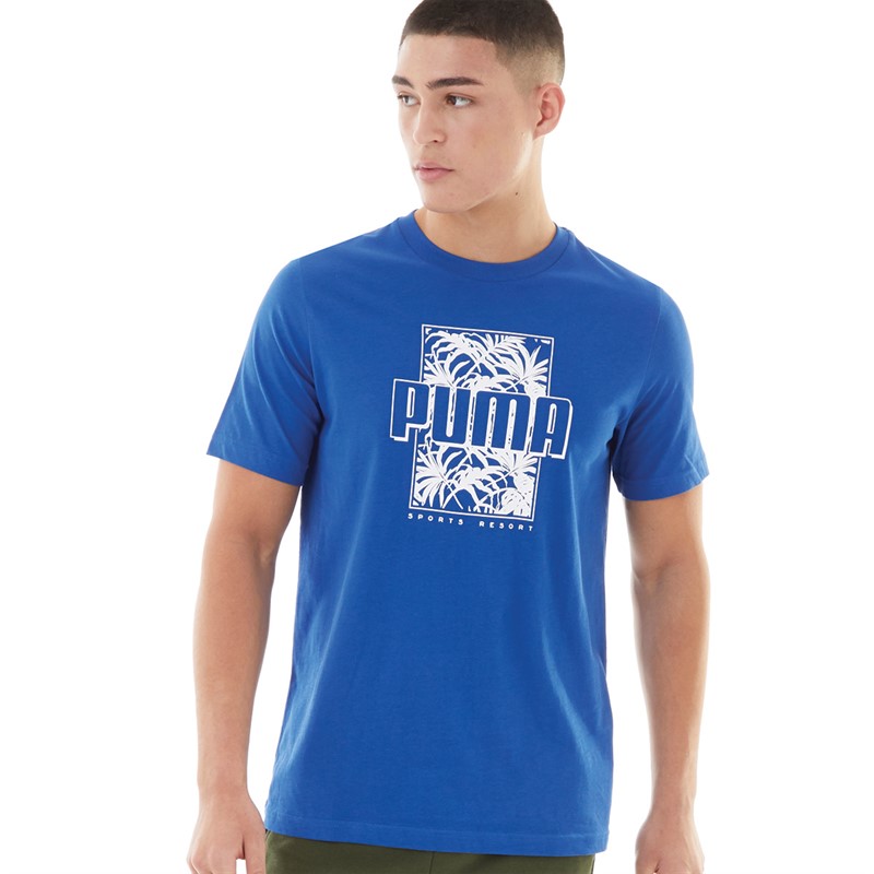 Puma Mens Essentials+ Palm Resort Graphic T-Shirt Blue