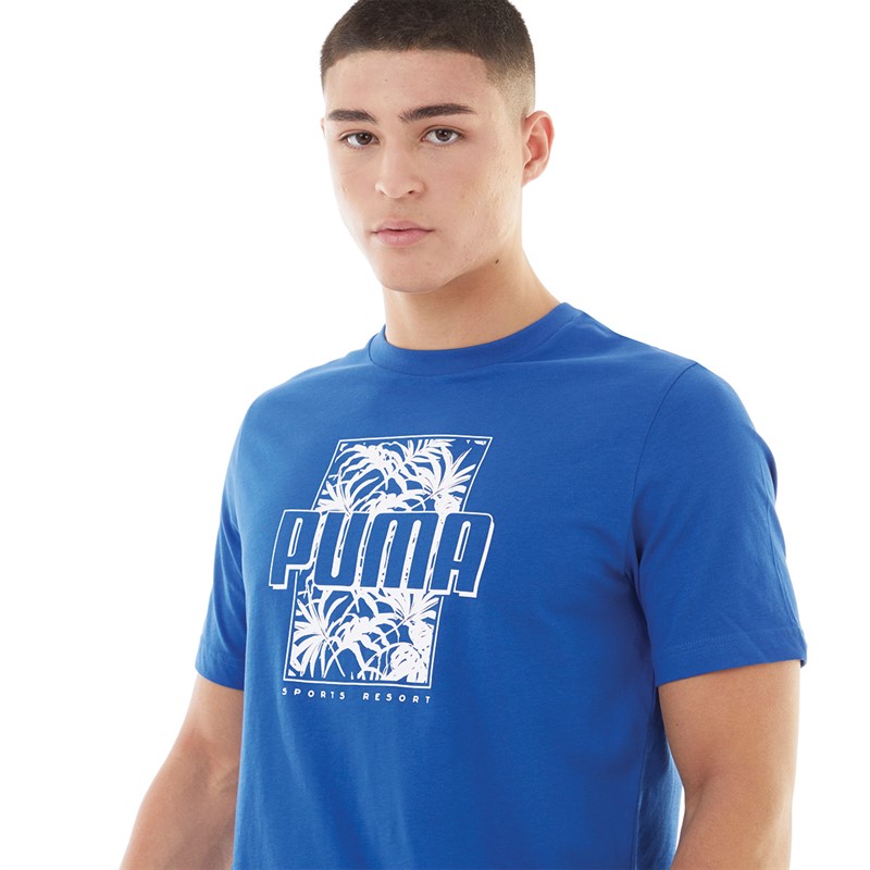 Puma Mens Essentials+ Palm Resort Graphic T-Shirt Blue