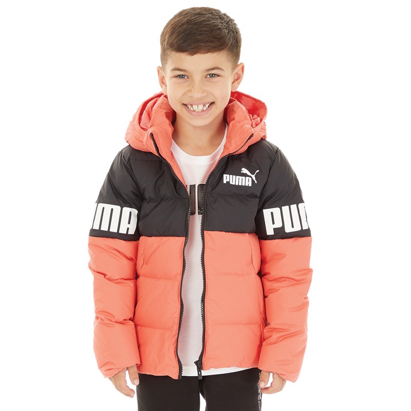 Puma Junior Boys Power Hooded Down Puffer Jacket Salmon