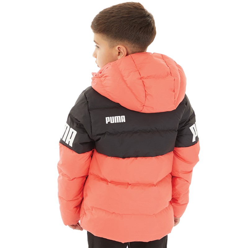 Puma Junior Boys Power Hooded Down Puffer Jacket Salmon