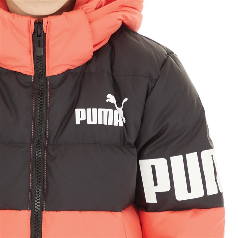 Puma Junior Boys Power Hooded Down Puffer Jacket Salmon