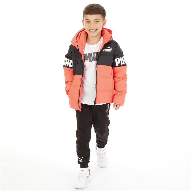 Puma Junior Boys Power Hooded Down Puffer Jacket Salmon