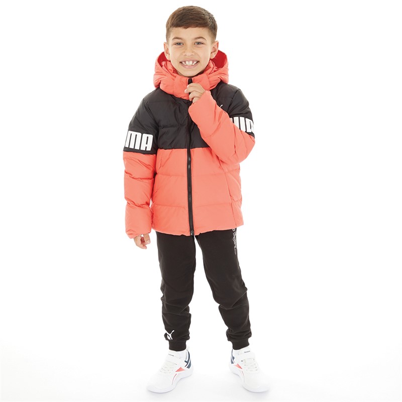 Puma Junior Boys Power Hooded Down Puffer Jacket Salmon