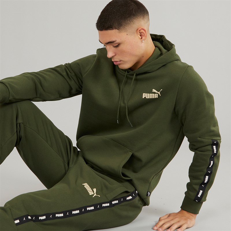 Puma Mens Essentials+ Taped Fleece Hoodie Granola/Green