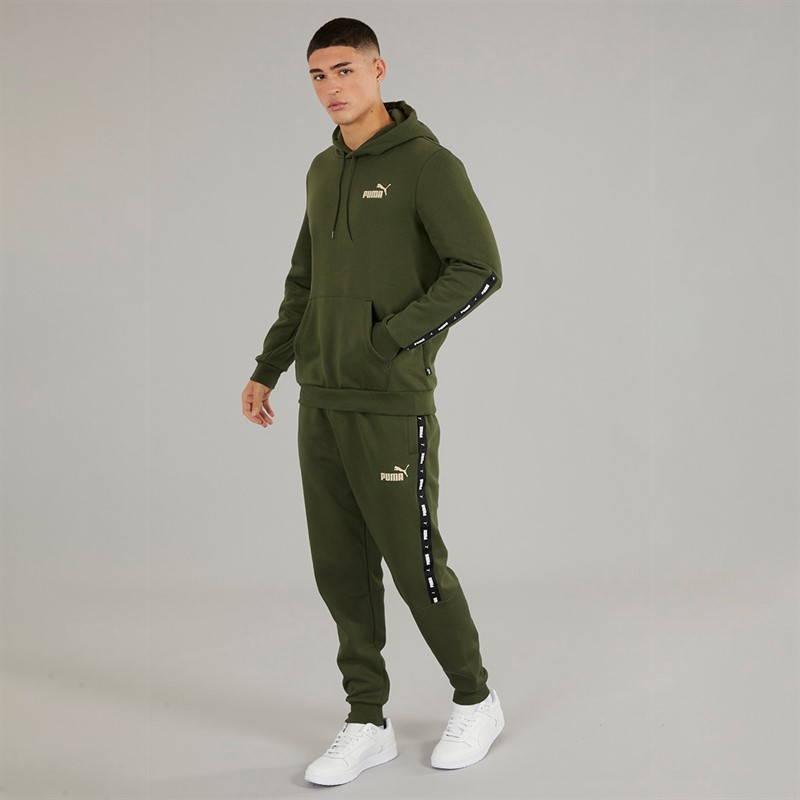 Puma Mens Essentials+ Taped Fleece Hoodie Granola/Green