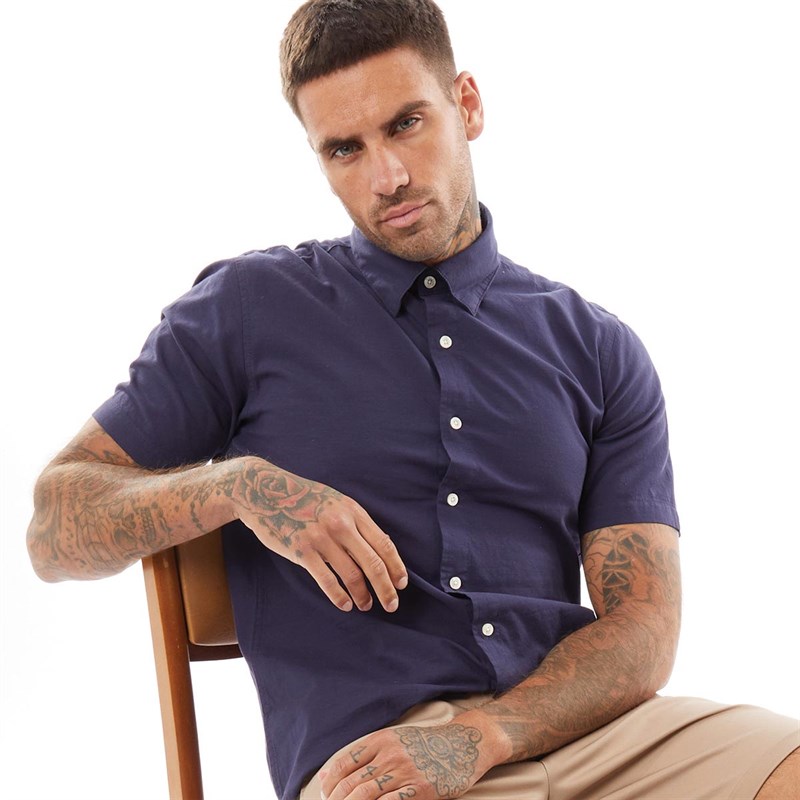 Peter Werth Herre Linen Skjorter med korte ærmer Marineblå