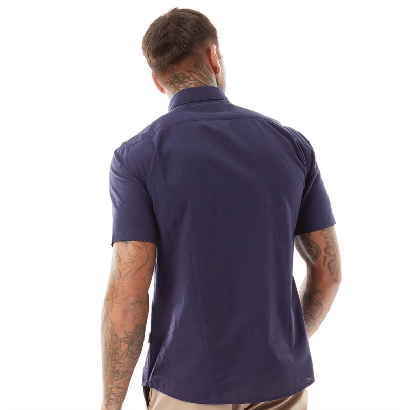 Peter Werth Herre Linen Skjorter med korte ærmer Marineblå