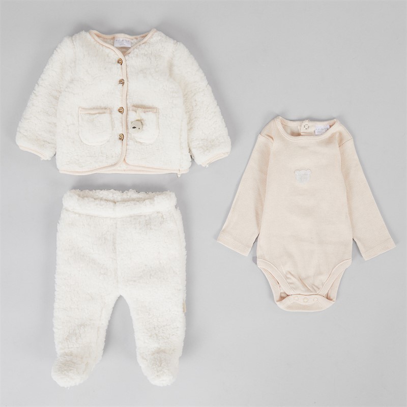 Rock A Bye Baby Boutique Kids Borg Jacket Footed Trousers And Rib Marl Bodysuit Cream Crm  Cream