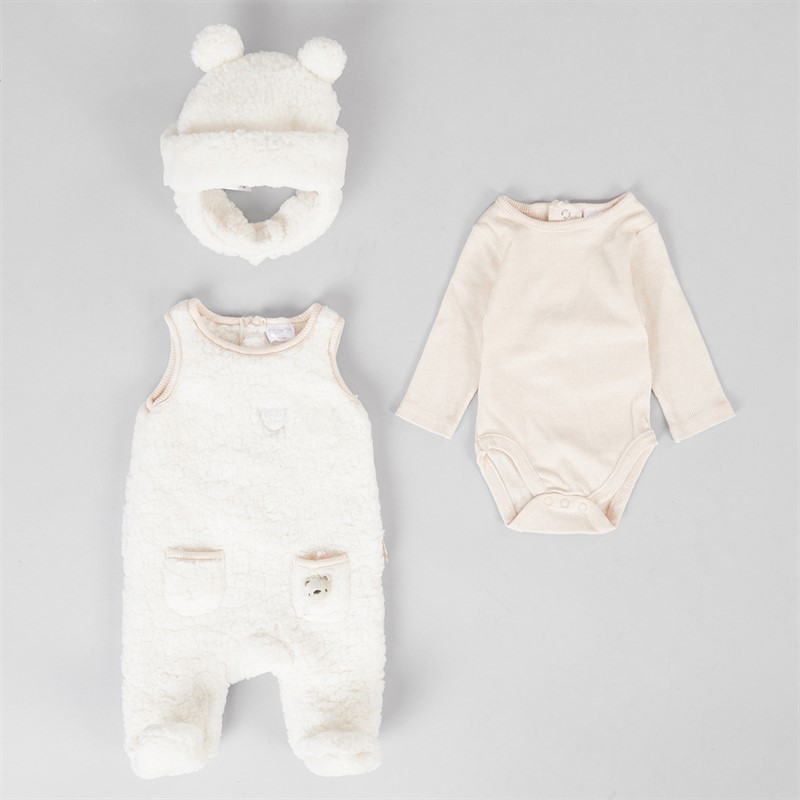 Rock A Bye Baby Boutique Kids Borg Dungarees Hat And Rib Marl Bodysuit Cream Crm  Cream
