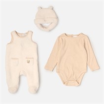 Rock A Bye Baby Boutique Kids Borg Dungarees Hat And Rib Marl Bodysuit Cream Crm  Cream