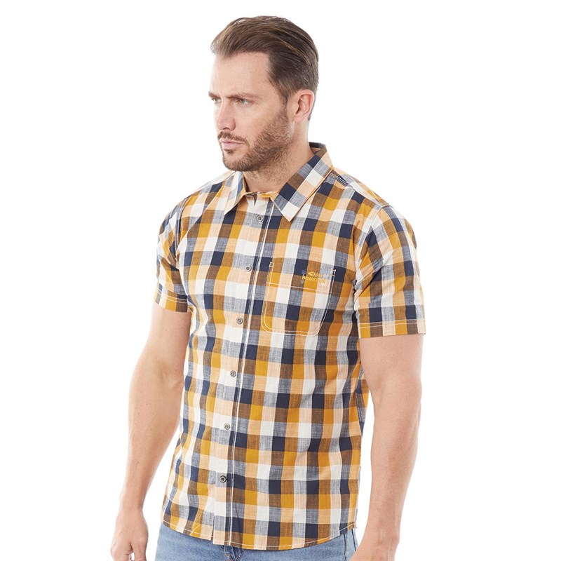 Weird Fish Mens Berkley Organic Short Sleeve Slub Check Shirt Turmeric