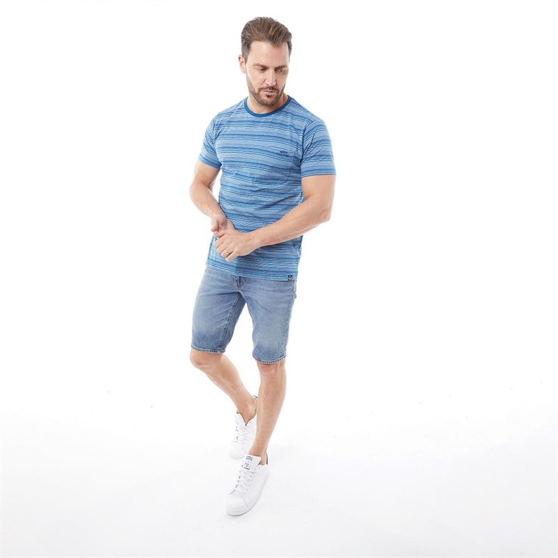 Weird Fish Mens Farley Organic Random Stripe Pocket T-Shirt Dark Blue