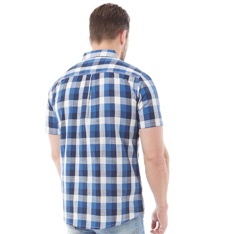 Weird Fish Mens Berkley Organic Short Sleeve Slub Check Shirt Dark Blue