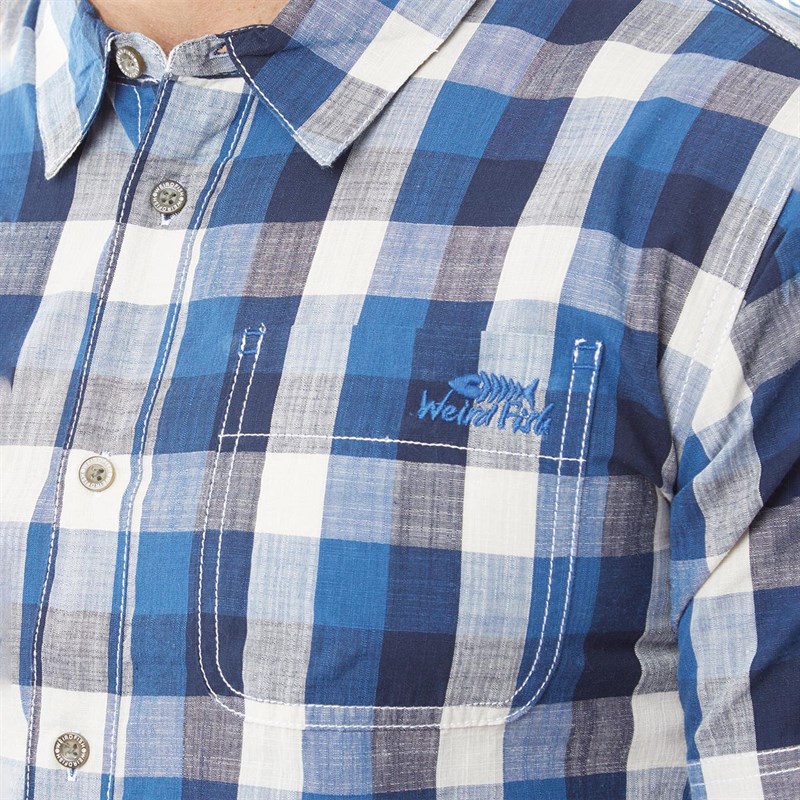 Weird Fish Mens Berkley Organic Short Sleeve Slub Check Shirt Dark Blue