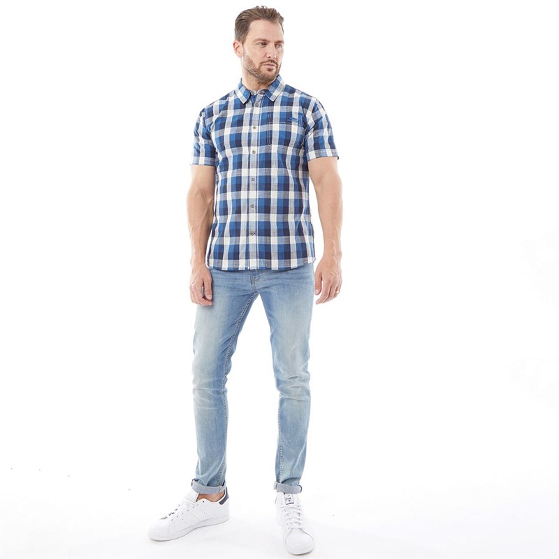 Weird Fish Mens Berkley Organic Short Sleeve Slub Check Shirt Dark Blue