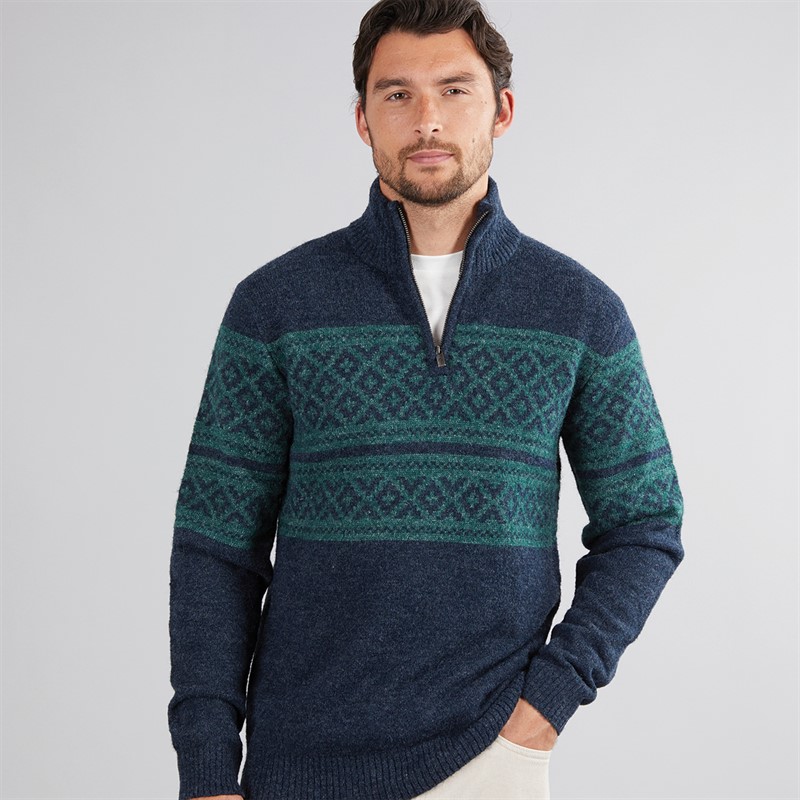 Weird Fish Mens Lawrence Eco 1/4 Zip Fair Isle Jumper Navy - Size S