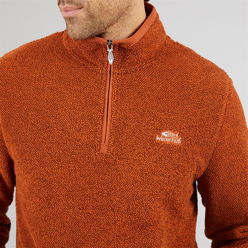 Weird Fish Mens Remington Eco 1/4 Zip Textured Fleece Brick Orange